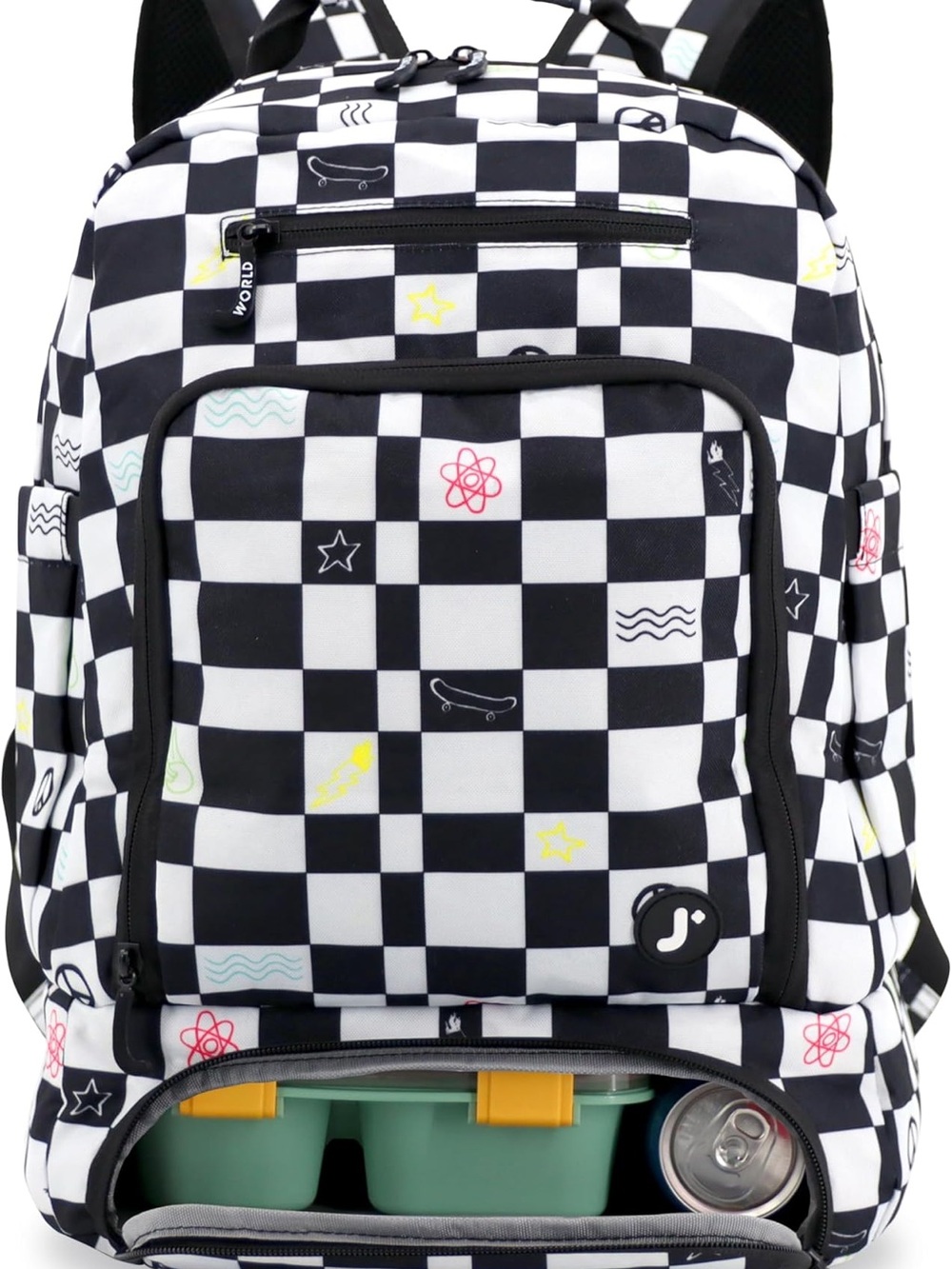 Checkerboard Pattern Backpack with Multicolor Icons